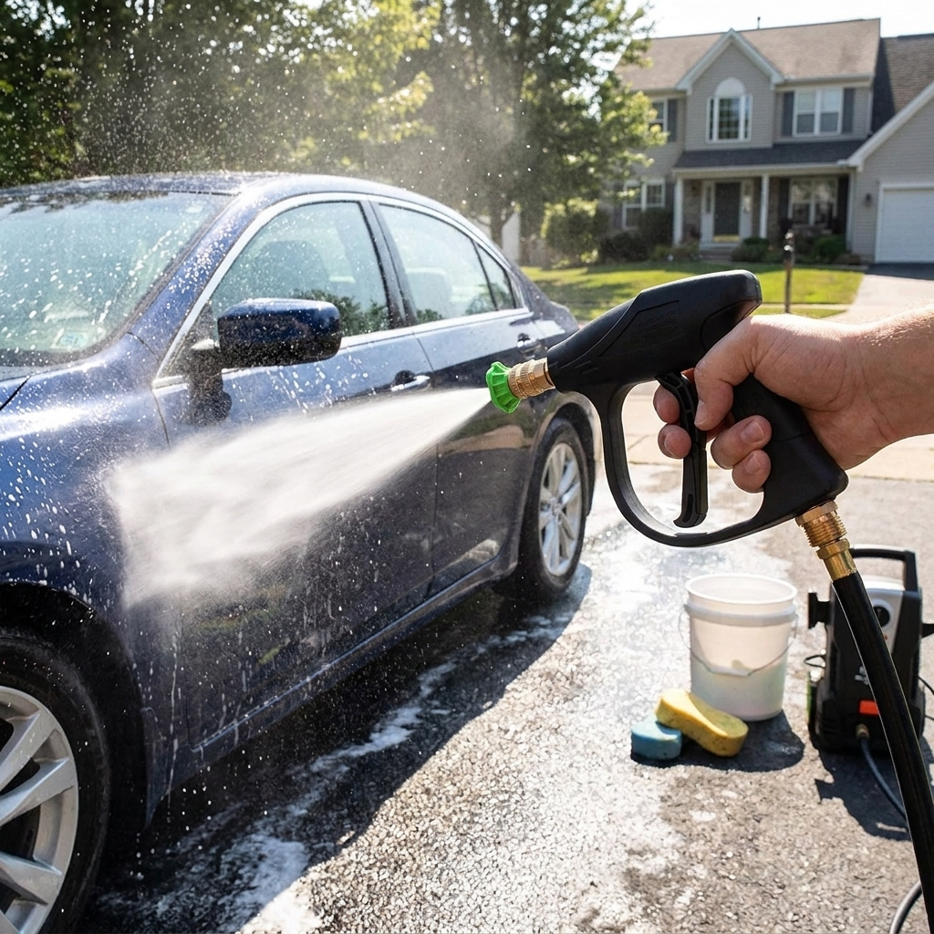 Person washing a car in a driveway with the Pro Car Pressure Washer Gun