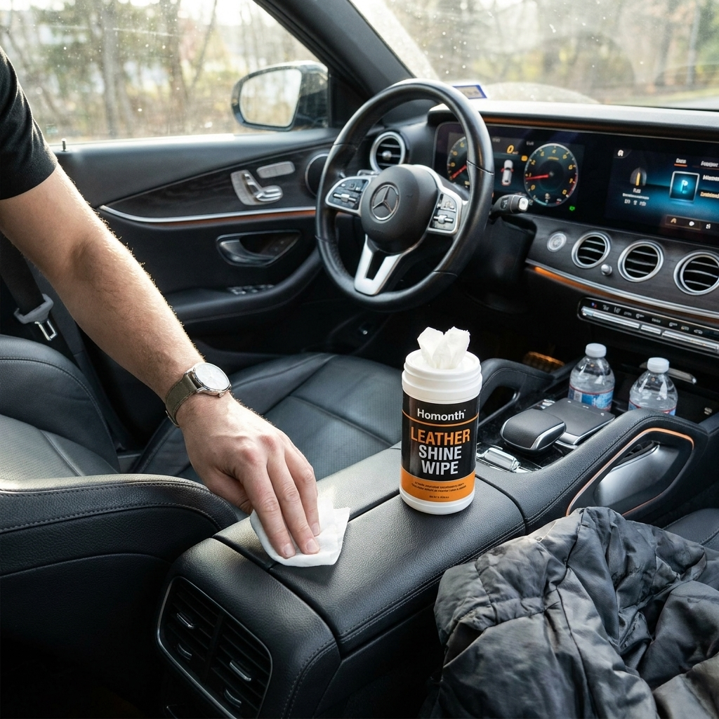 Leather wipes cleaning a modern car interior