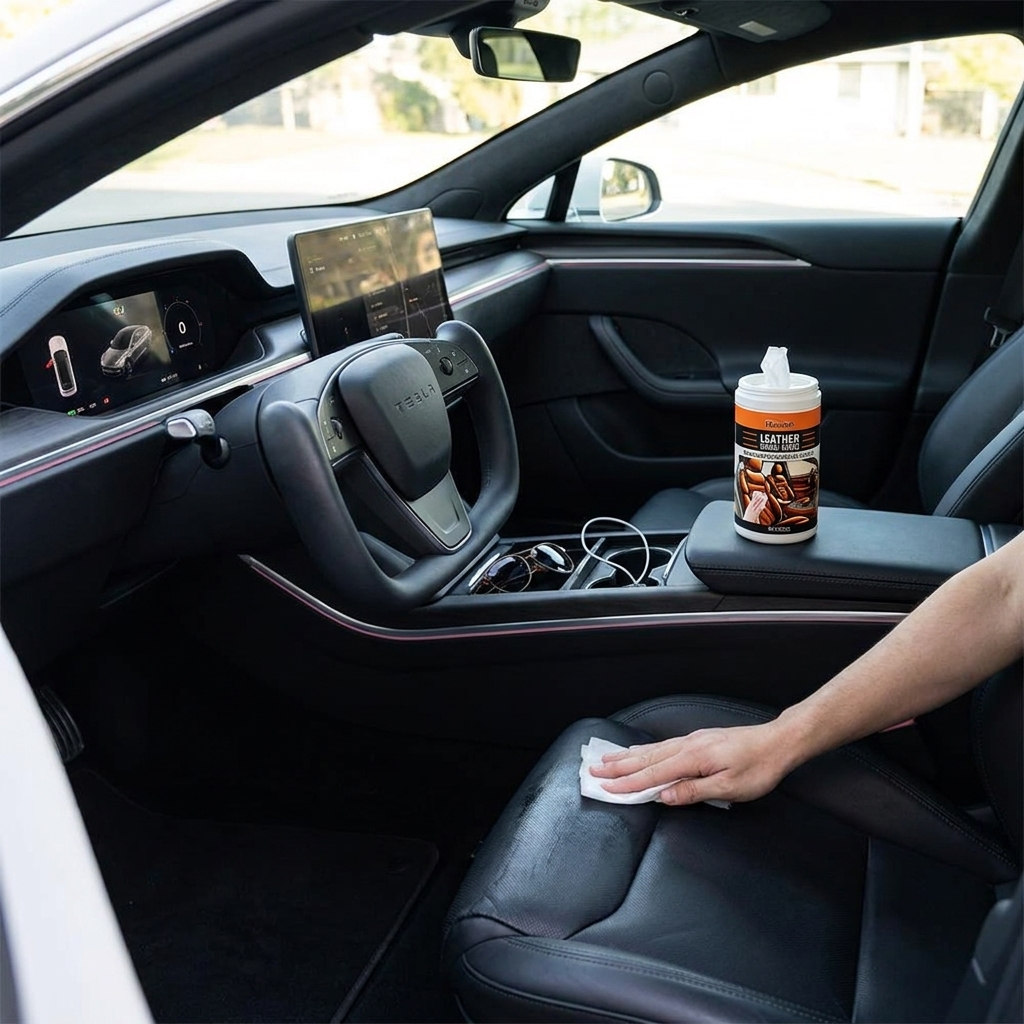 Leather wipes cleaning a modern car interior